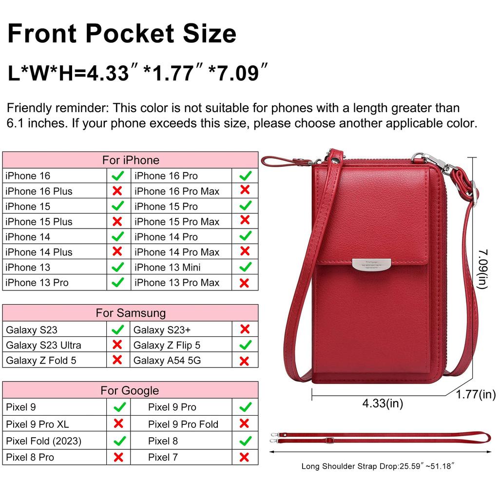 Kukoo Small Crossbody Bag Mobile Phone Wallet with Credit Card Slot for Women US Red Size One_size Color