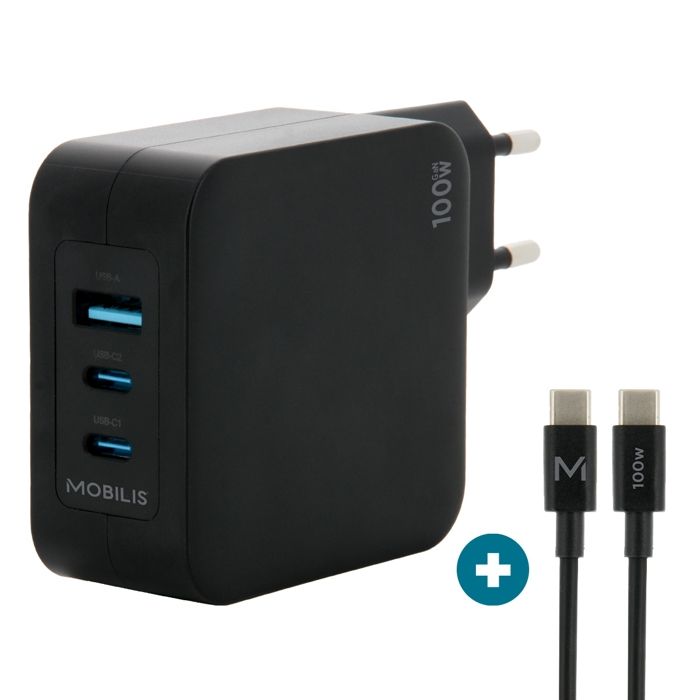 Chargeur Secteur GaN 100W avec Câble 2m 2 USB-C + 1 USB-A, Adaptateur Quick Charge Mural Rapide pour PC, Tablette & Smartphone