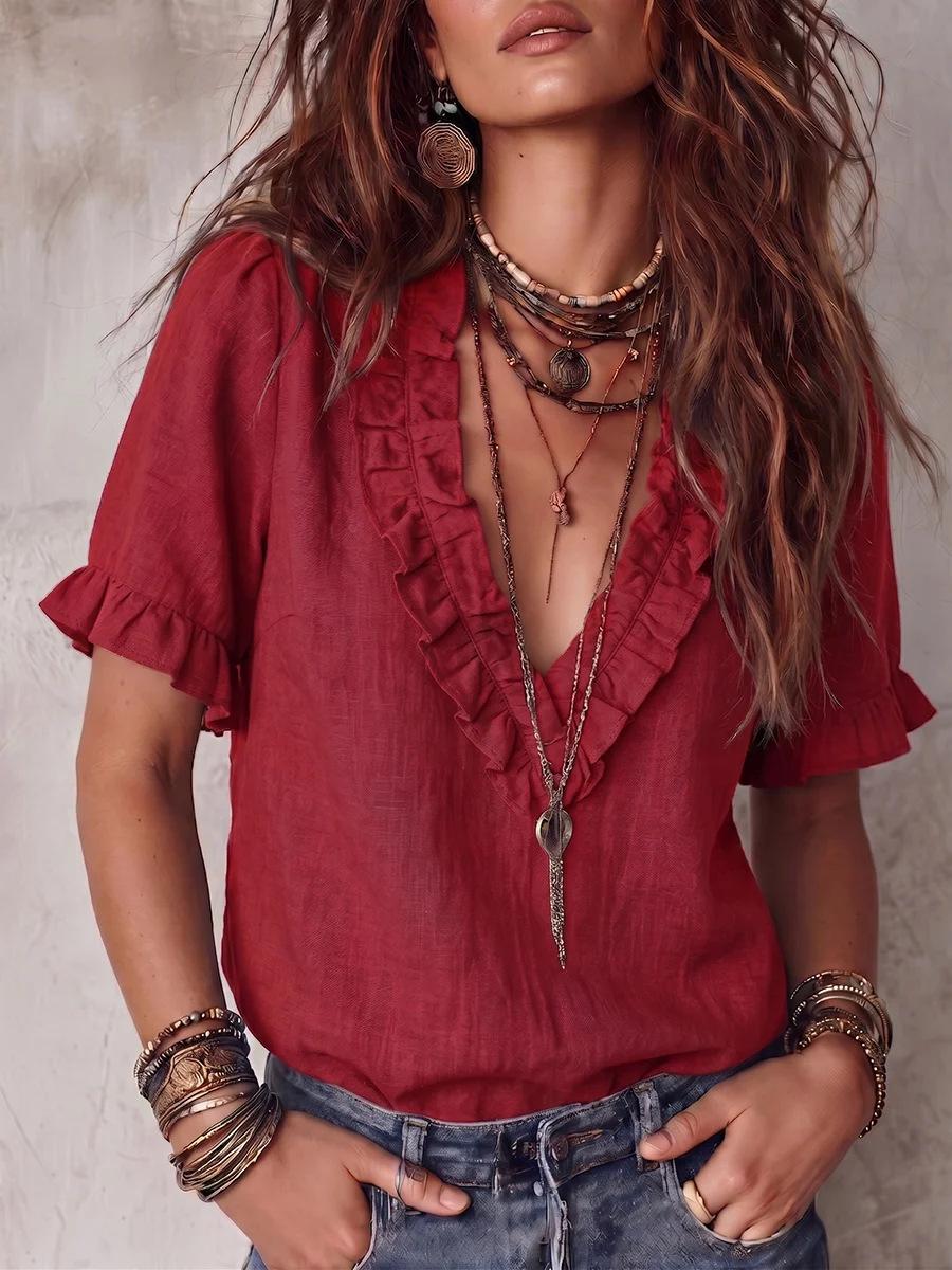 Women s Burgundy V Neck Short Sleeve Top with Ruffle Trim S бордовый
