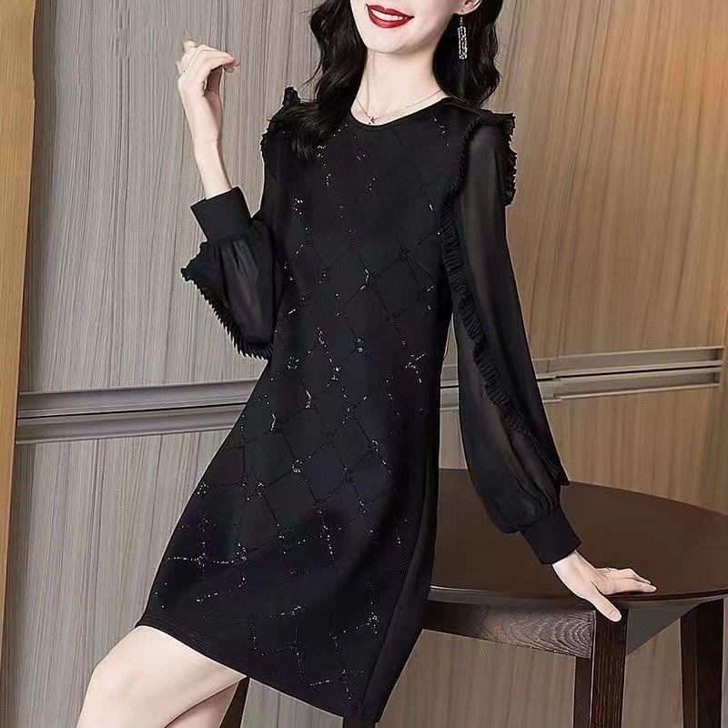 

2026 Hepburn-Style Long Sleeve Black Chiffon Patchwork Plus Size Dress 4XL for 150-160 lbs чёрный