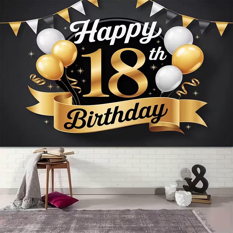 2D Elegant Black Gold 18th Happy Birthday Background Cloth with Ribbon Banner