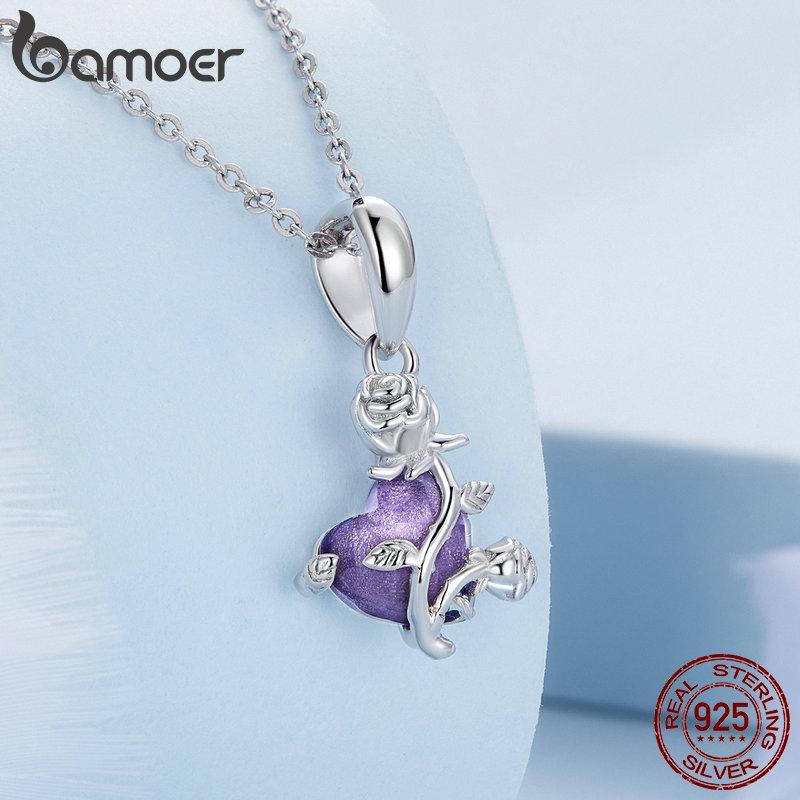 Bamoer 925 Sterling Sølv Romantisk Lilla Zirkon Rose Hengende Anheng Charms passer DIY Lagingsarmbånd & Armring Fint Smykke