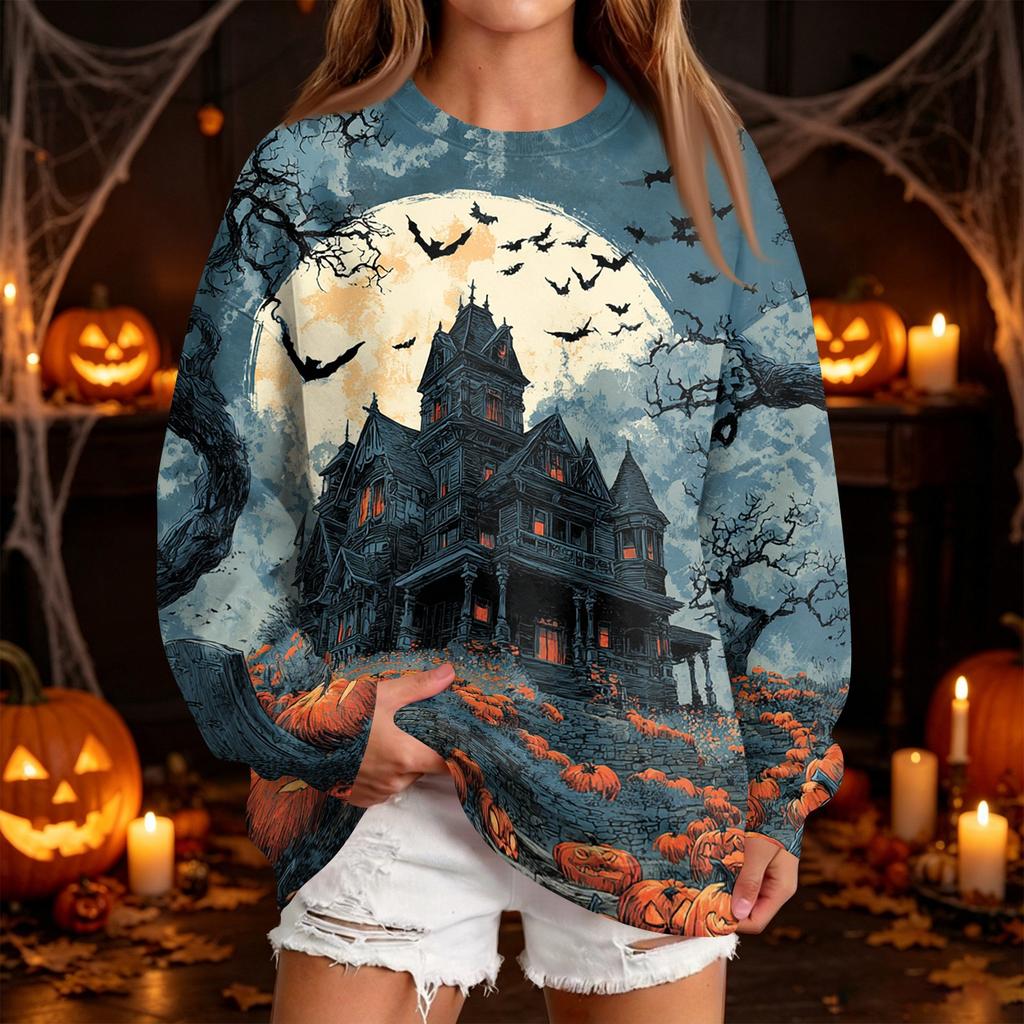 Women's Casual Round Neck Sweatshirt with Halloween Print, Long Sleeve Pullover for Festivals
