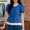 VONDA Women Summer Round Neck Puff Short Sleeve Lace Hem Blouses