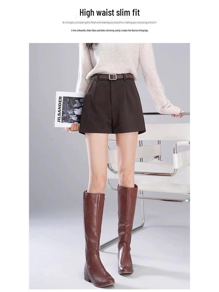 Women's Woolen Wide-Leg Bootcut Shorts, High-Waisted Slimming, Thickened for Autumn/Winter 2025.