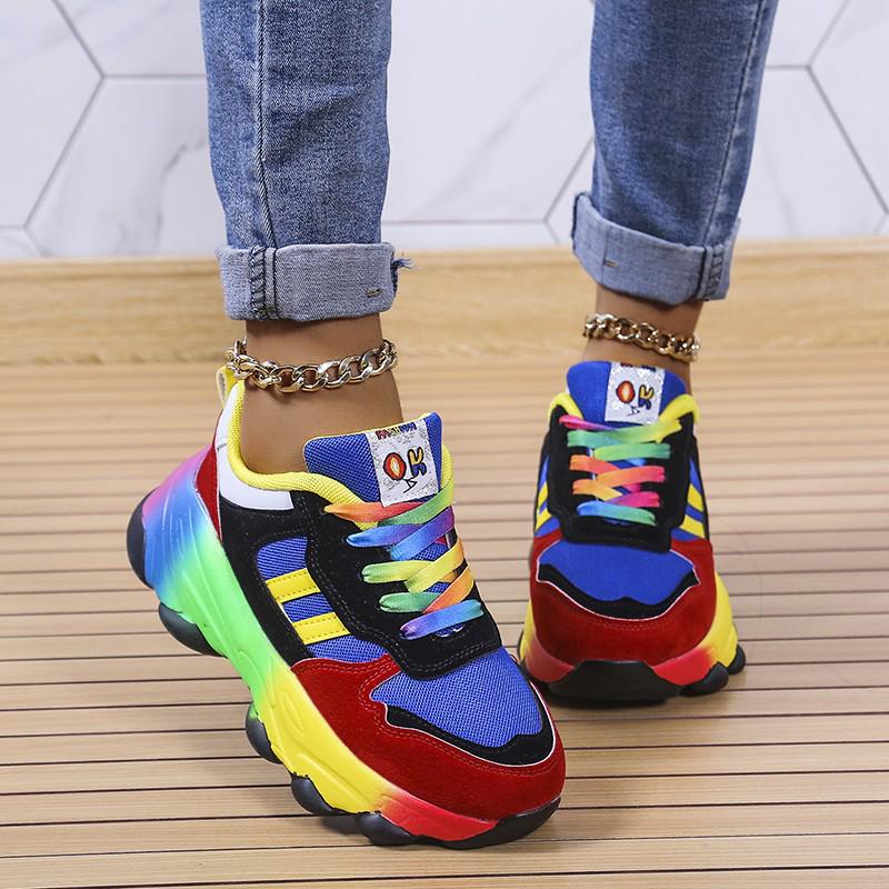 Large Size Women's Lace-Up Breathable Casual Shoes with Rainbow Sole