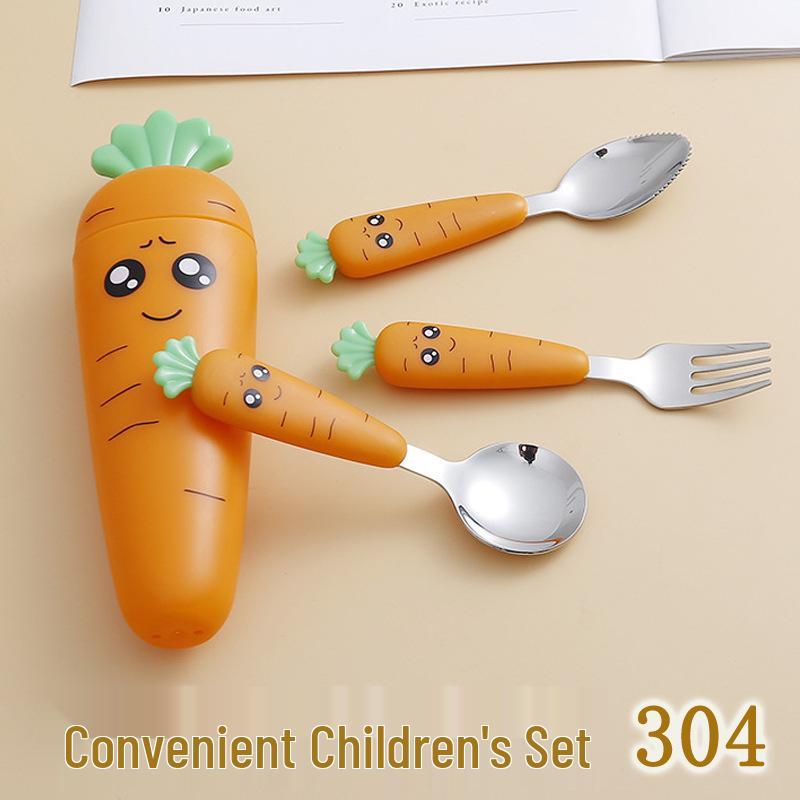 Children's Cartoon Radish Stainless Steel Tableware Set - Spoon, Fork, and Scraper with Portable Case.