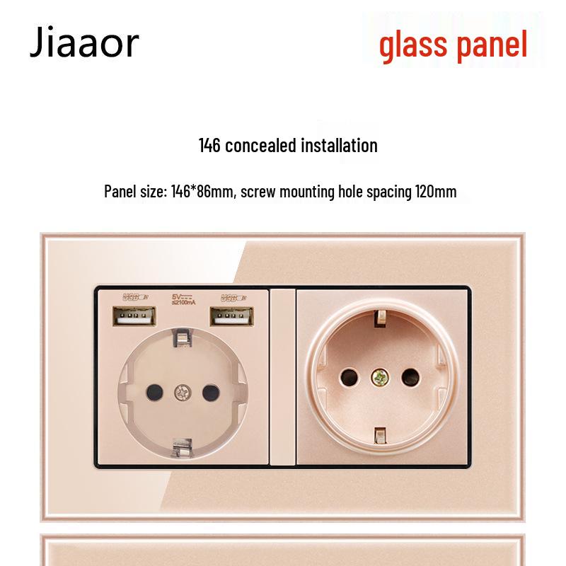 Type 146 Dual USB 16A Two-Gang European Power Socket Panel with German Standard Switch (Concealed)