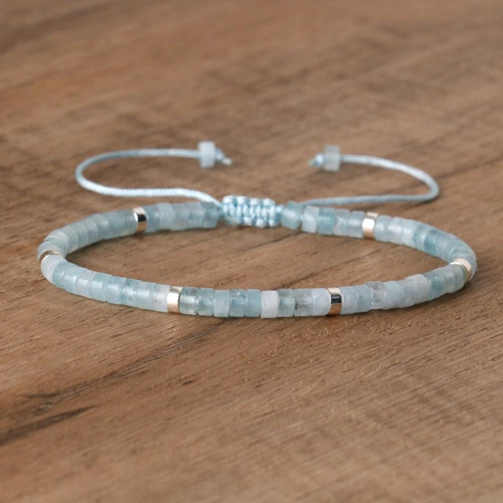 Women's Bracelet Beads Natural Stone Aquamarine 2 X 4 Mm Adjustable