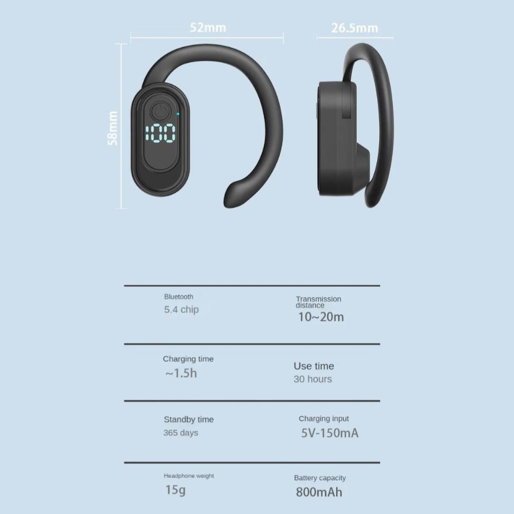 Bluetooth 5.4 Headphone Ear Hook Wireless Earphone 180° Rotation LED Display HiFi Stereo Noise Reduction Headset for Sport Business Music Earbud