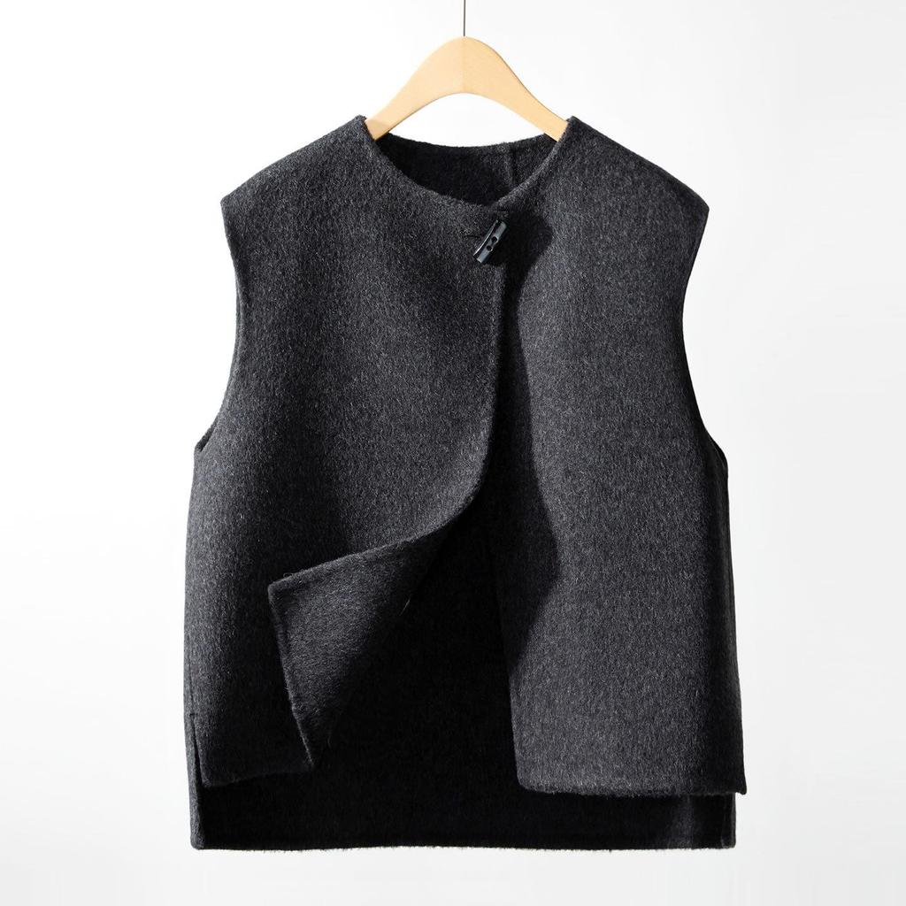 Women's 2025 Asymmetrical Gray Wool Vest - Round Neck, Button-Up, Sleeveless for Spring & Autumn Fashion