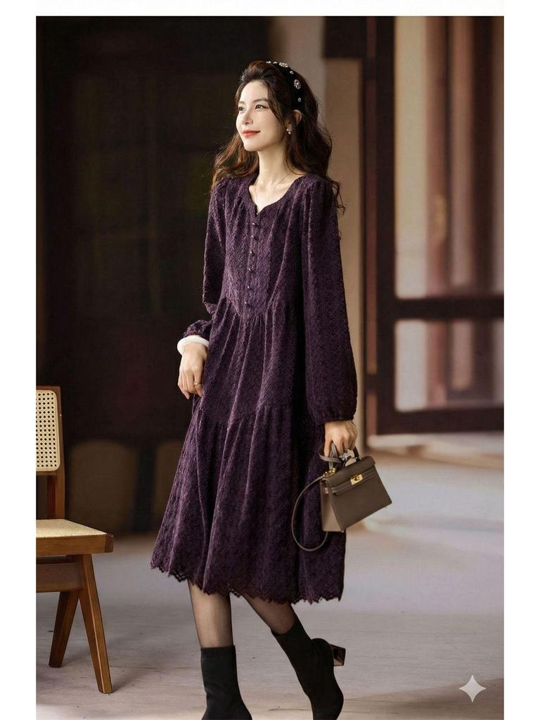 Elegant Plus Size Lace Long-Sleeve Dress for Women - 2025 European Autumn Collection