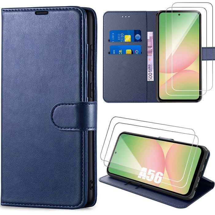 Protective Case - BOOLING - Samsung Galaxy A56 5G - Navy Blue Leather Effect - 2 Tempered Glasses - Shockproof