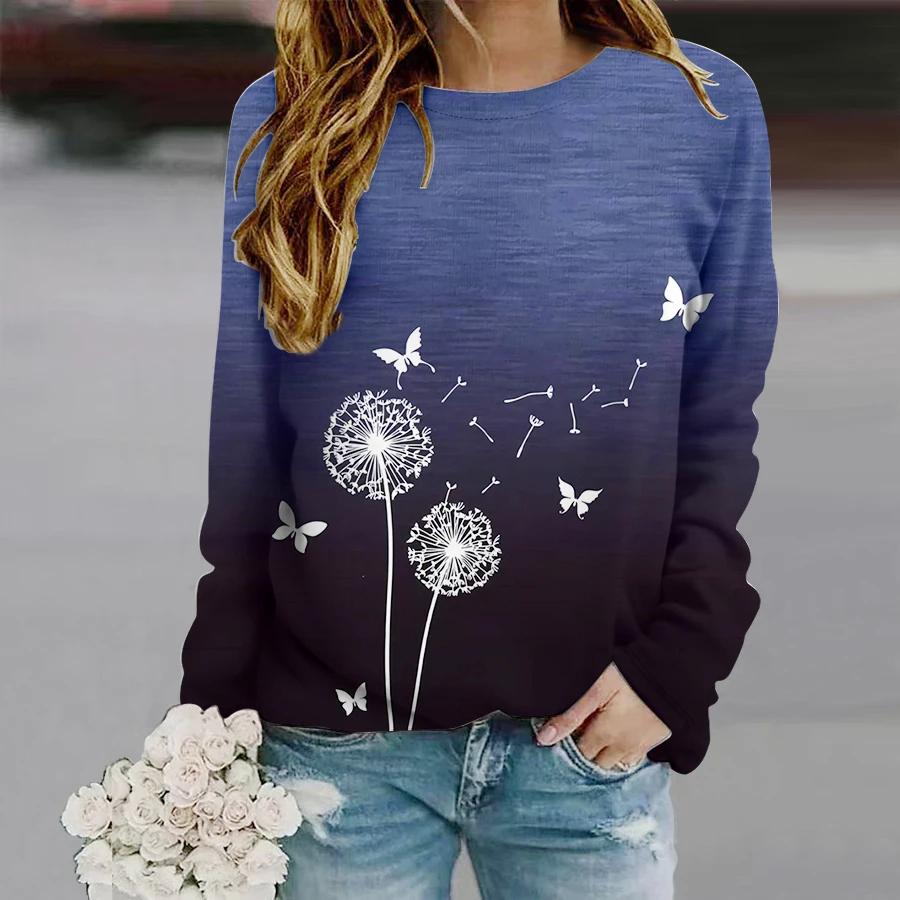 

Осенние женские толстовки с 3D принтом одуванчика и длинными рукавами, модная свободная толстовка с круглым вырезом, пуловер с принтом одуванчика для девочек XL