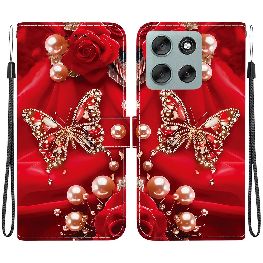 Handmade PU Leather Flip Case for Motorola Moto G56 Anti-Slip Shockproof Cover with Wrist Strap & Heart/Rose Cat Designs