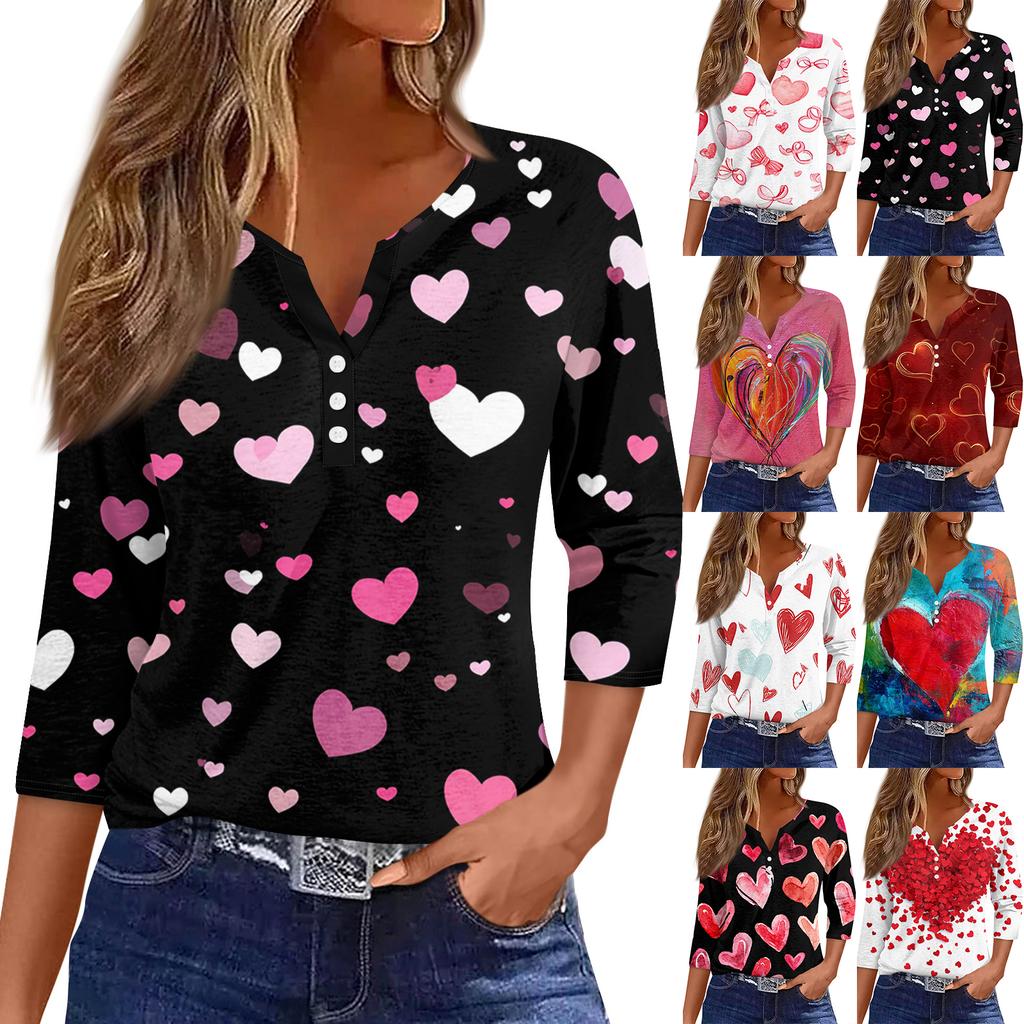 Camiseta feminina com estampa de botão, manga 3/4, moda diária de fim de semana, básica, decote em V, top regular