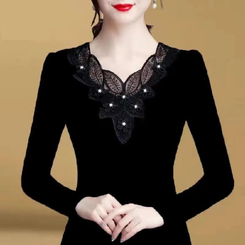 

Тонка приталена базова сорочка Осінь та Зима Нова Корейська Версія Мереживна сітка Інкрустована діамантами Футболка з довгим рукавом Жіночий студентський топ Хіт 5XL