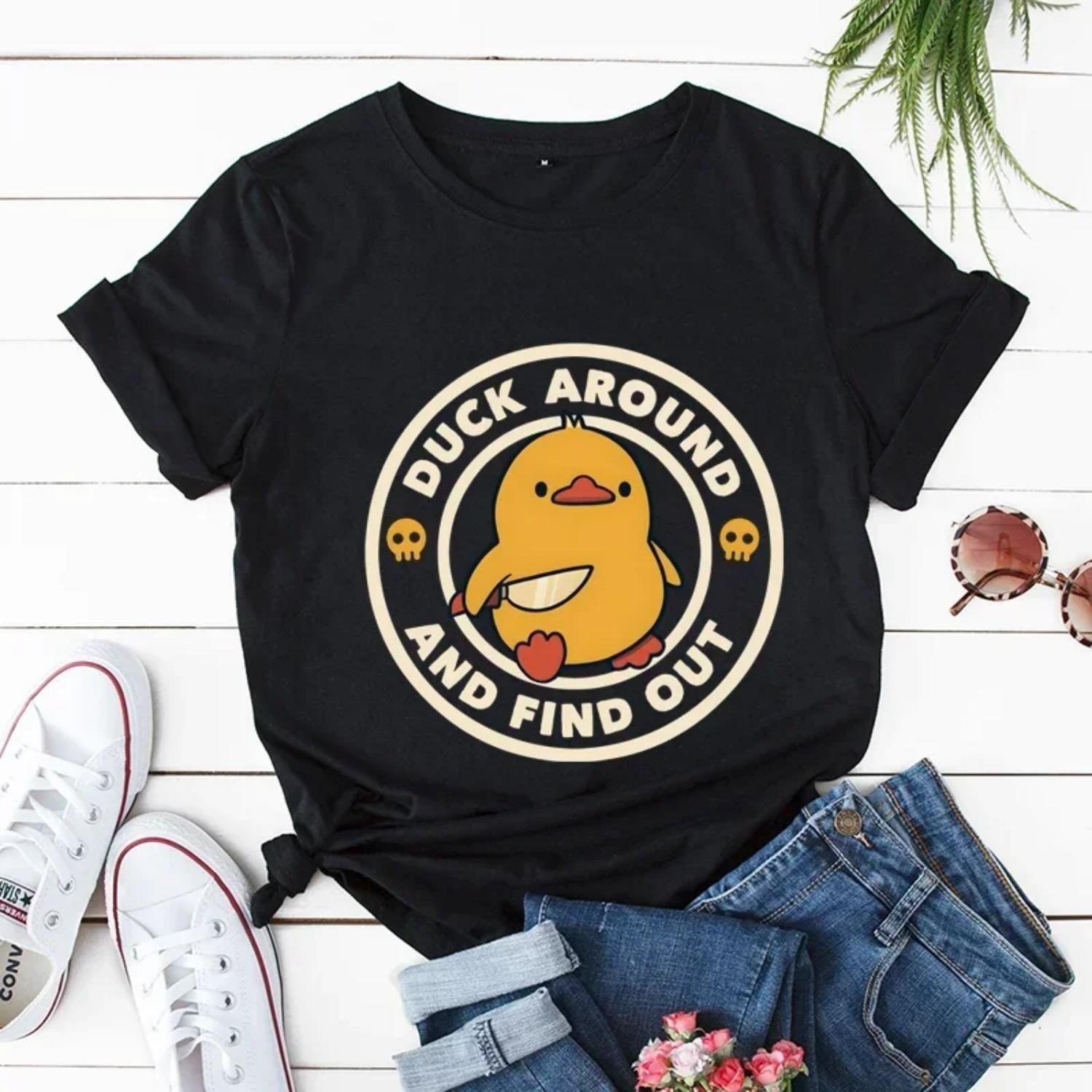 

Kitten Nuggets Fast Food Cat Print T Shirt Duck with Knife Cartoon T-shirts Duck Around and Find Out Funny Tshirt Y2k Tops S чёрный