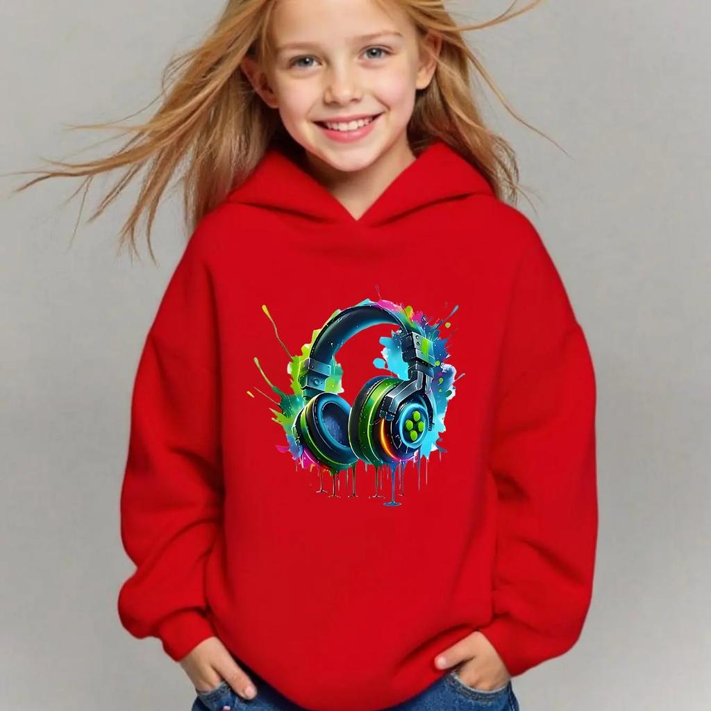 Kids Headphone Graphic Hoodie Boys Girls Colorful Music Print Sweatshirt Long Sleeve Hooded Pullover Tops Casual Streetwear