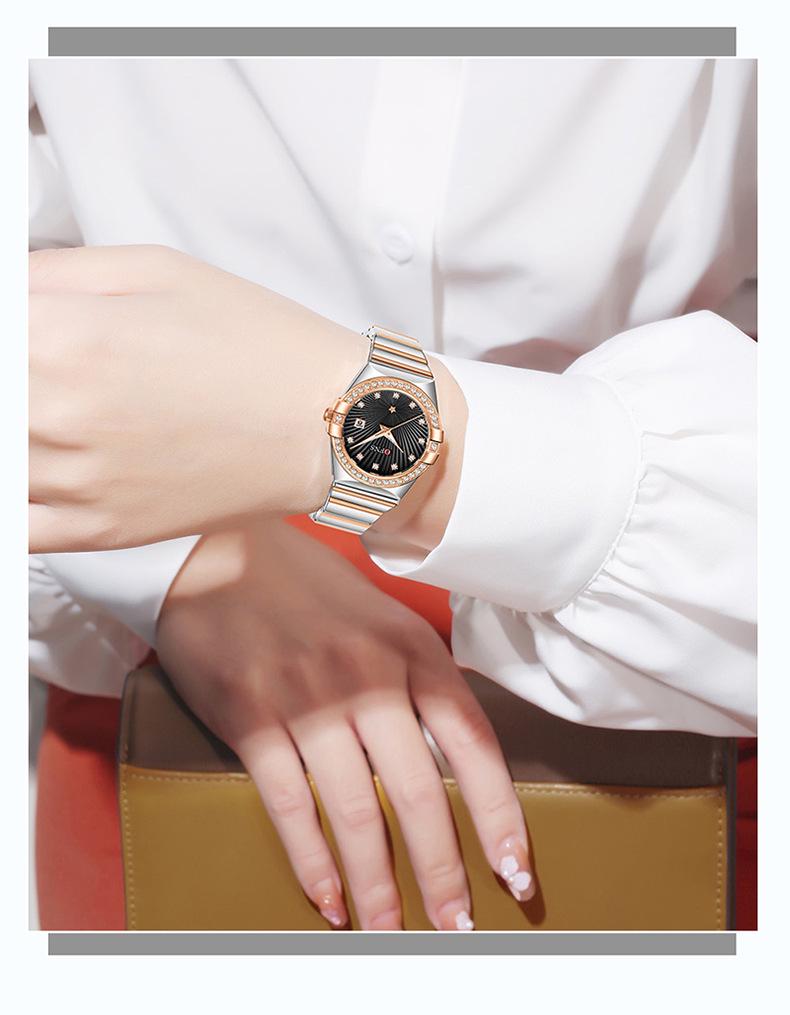 OFNS Women's Luxury Quartz Watch: Diamond-Inlaid Round Dial, Calendar, Waterproof, Luminous, Elegant Design.