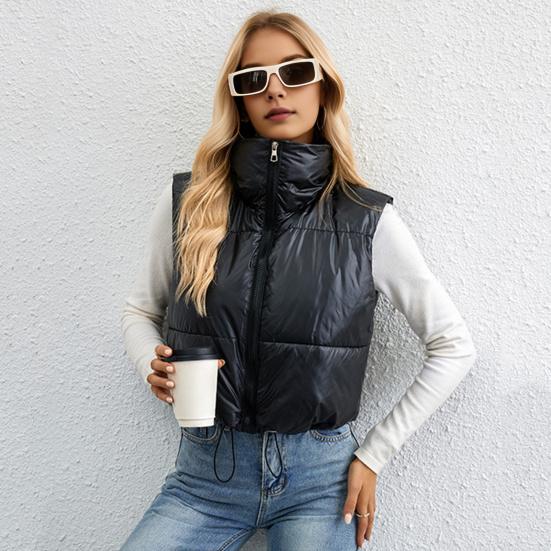 Women's Padded Vest Lightweight Stand Collar Sleeveless Short Warm Vest Drawstring Hem Zipper Closure Casual Gilet for Autumn Winter