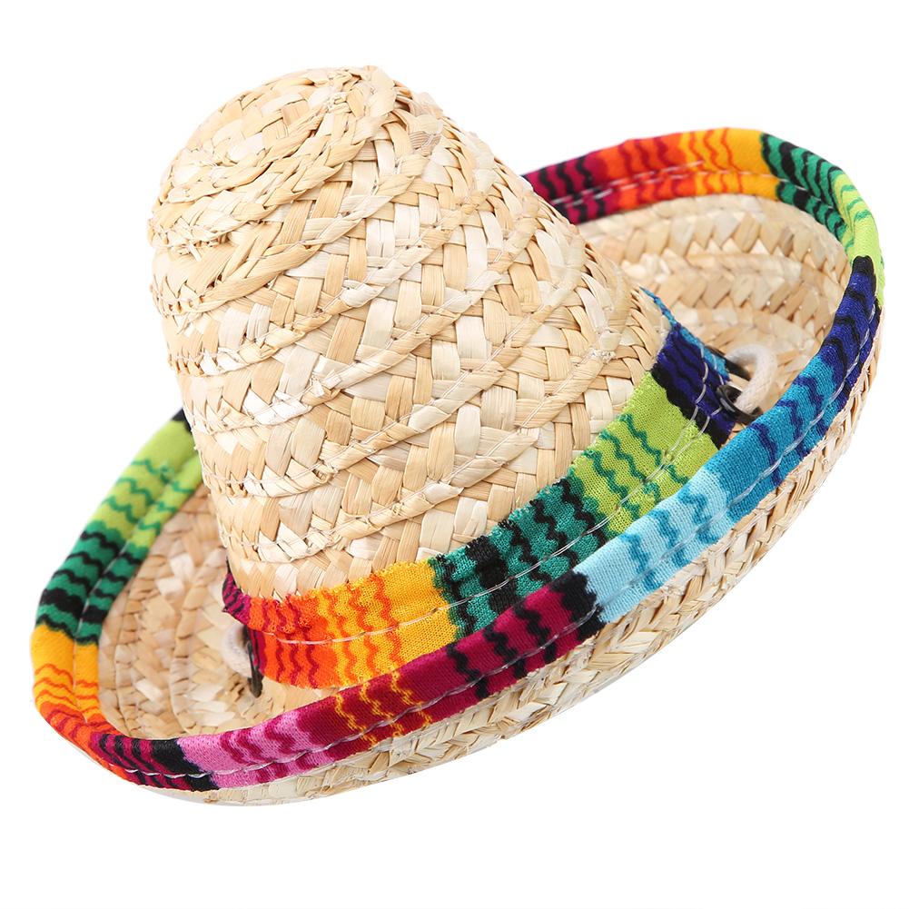 Mini Straw Sombrero Party Hat for Small Pets Puppy Cat with Cotton Rope Adjustment