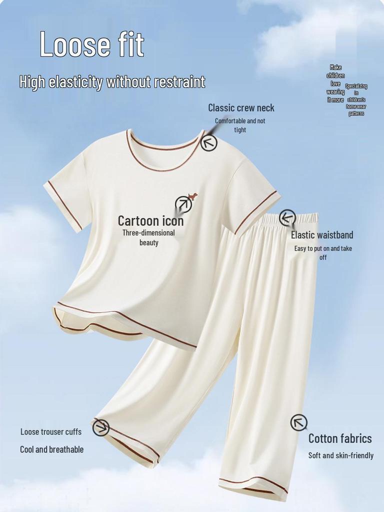 Children's All-Cotton Short Sleeve Pajama Set for Girls and Boys - Summer Lightweight A-Class, Air Conditioning Wear for Big Kids