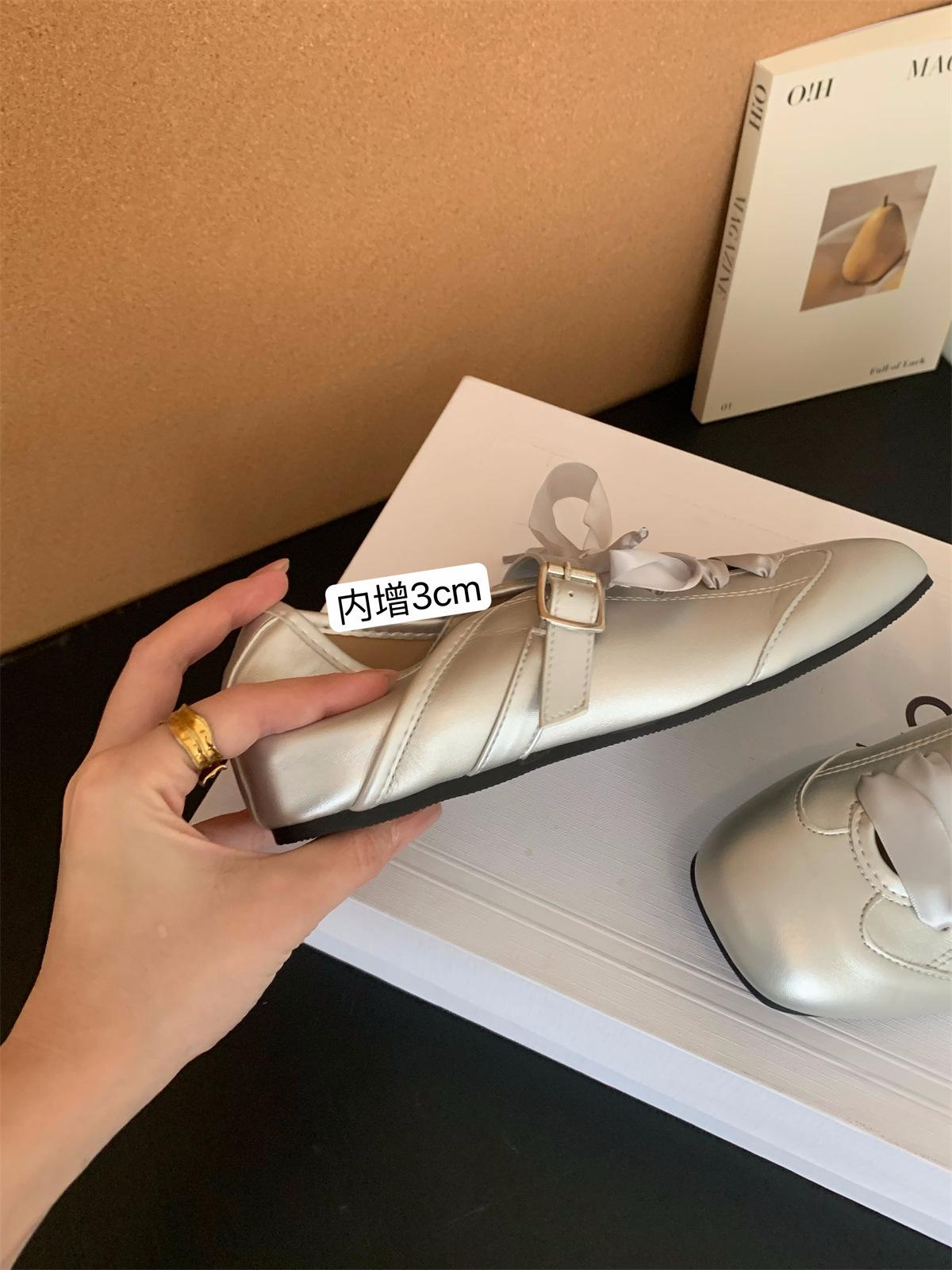 

Внутреннее увеличение высоты серебристые туфли Мэри Джейн одинарные женские туфли 2025 новый летний балетный бант повседневные тренировочные туфли 39