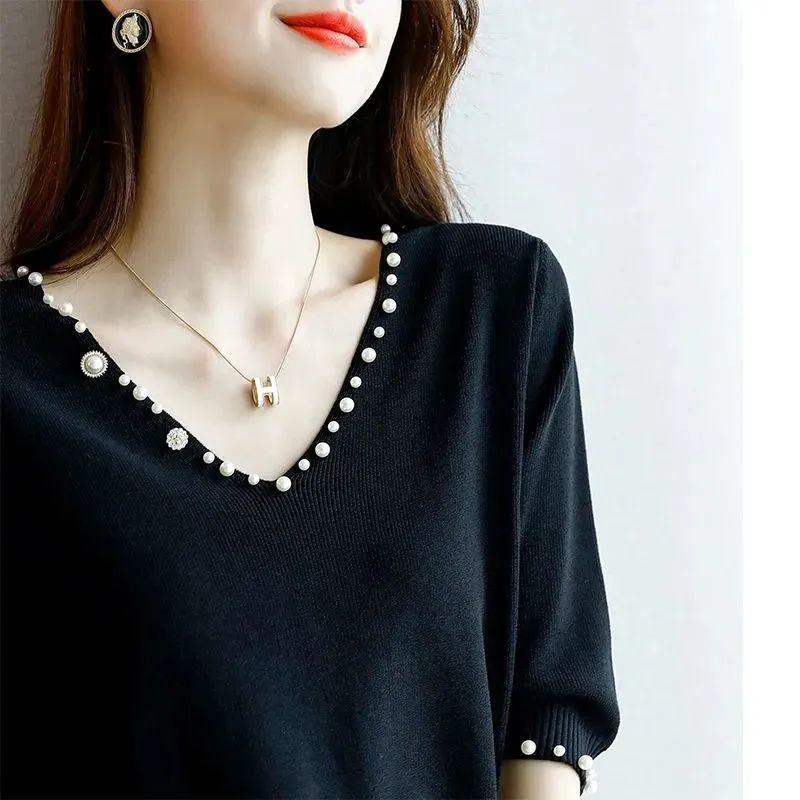 

Dingzhu трикотаж из ледяного шелка с v-образным вырезом, летняя свободная и утягивающая универсальная футболка с верхом снизу для женщин 3XL чёрный