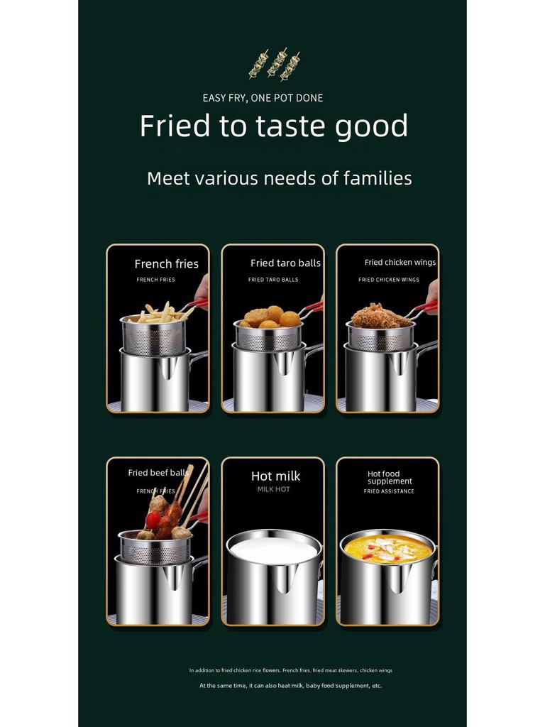 304 Stainless Steel Mini Deep Pot with Oil-Saving Filter for Gas Kitchen Frying Pan.