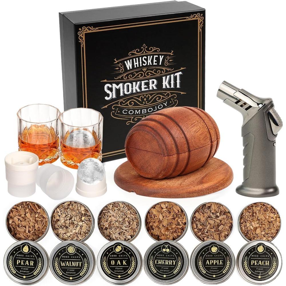 Whiskey Smoking Kit with Torch - 6 Flavored Wood Chips, 2 Glasses, 2 Ice Ball Molds - Cocktail Smoking Infusion Set, Old-Fashioned Drink Smoking Kit