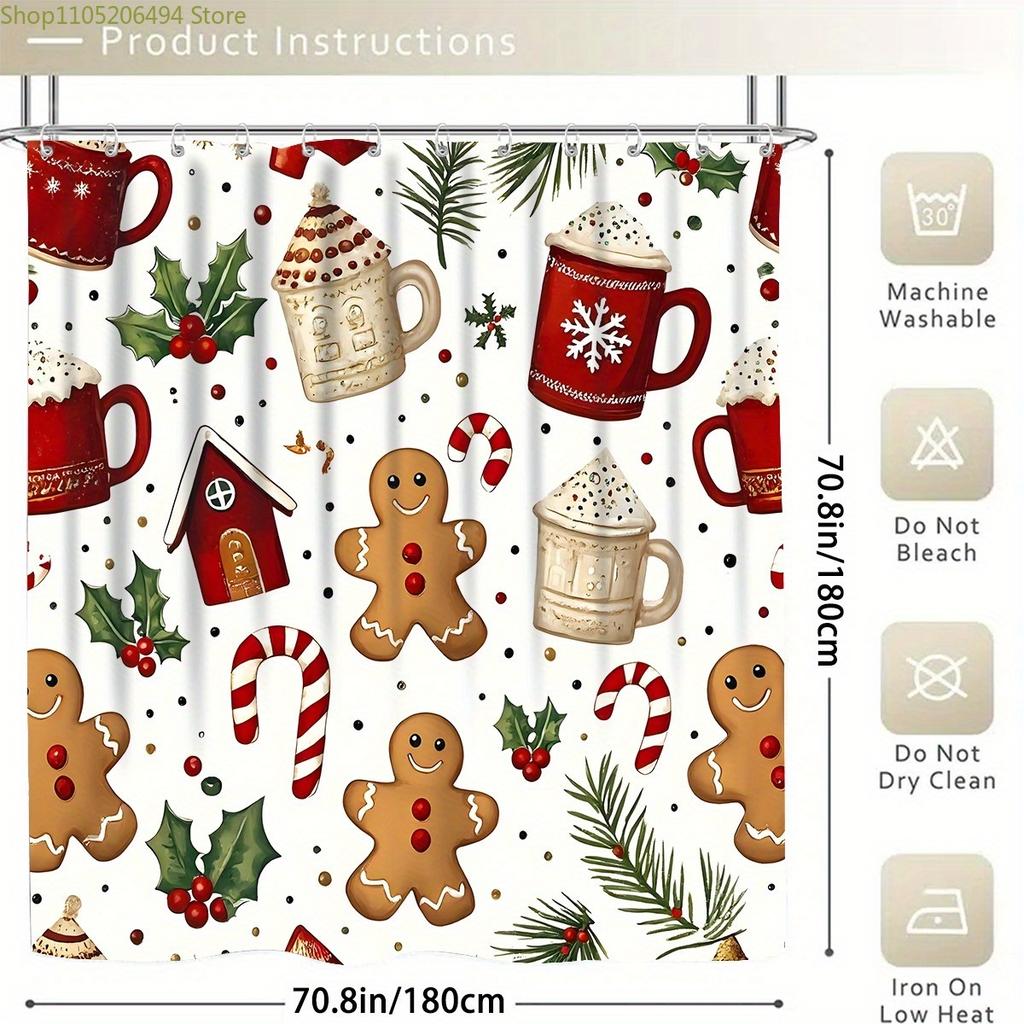 1pc/4pcs Christmas Gingerbread Man Christmas Cup Pattern Multi-Color Background Shower Curtain, Modern Home Bathroom Art Decor