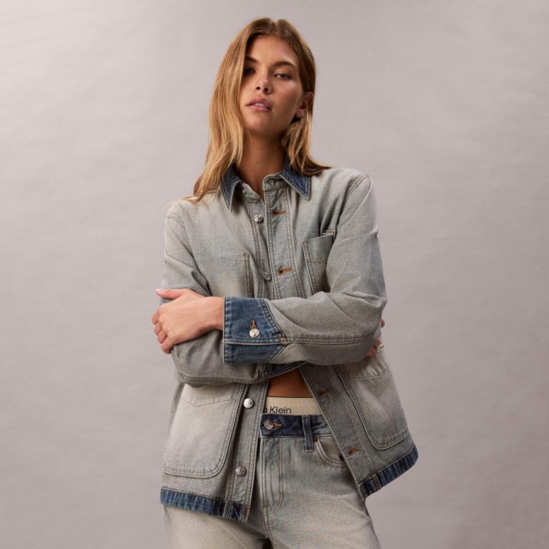Calvin Klein Vintage Workwear Pocket Color Block Loose Fit Cotton Denim Jacket Women Jackets 47D753G