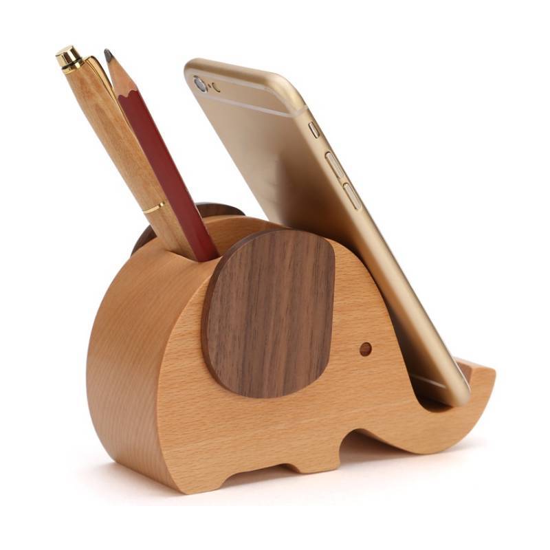 Modern Wooden Elephant Pen Holder With Phone Dock For Workspace And Bedroom