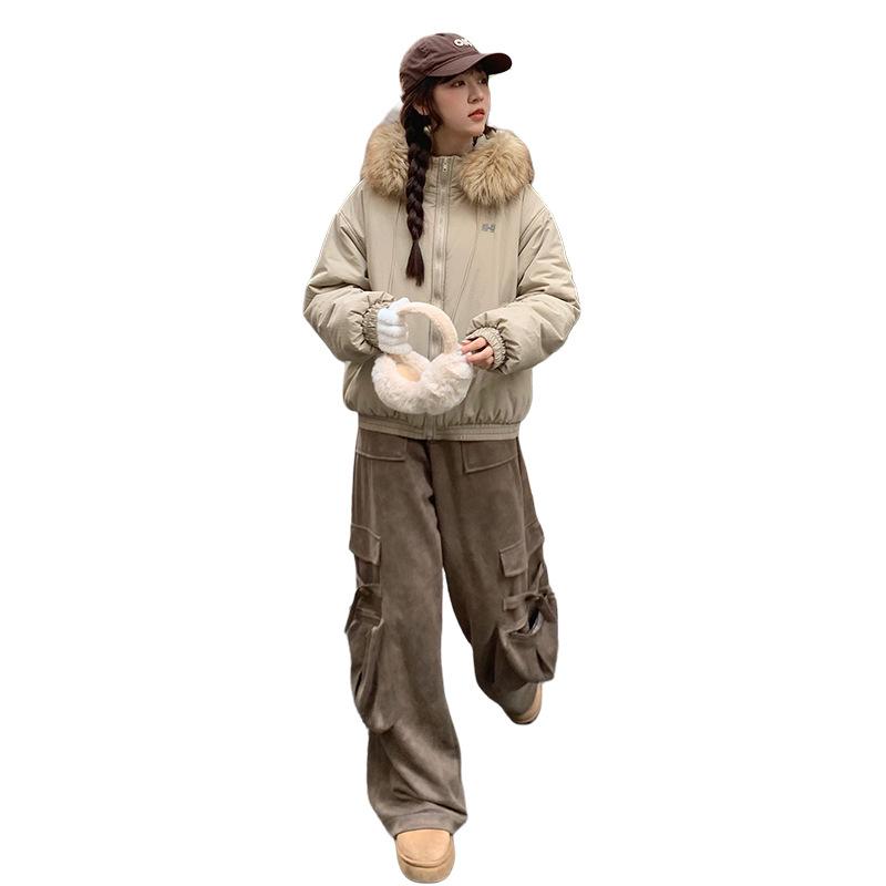 Design Americano Abbigliamento in Cotone Piumato da Donna Inverno Nuovo Peluche Collo Grande in Pelliccia Abbigliamento Imbottito in Cotone con Cappuccio Giacca Corta