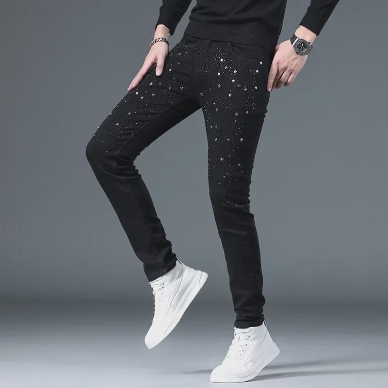Men's Trendy High-End Black Slim-Fit Diamond Jeans - Stretch Casual Spring & Summer Style