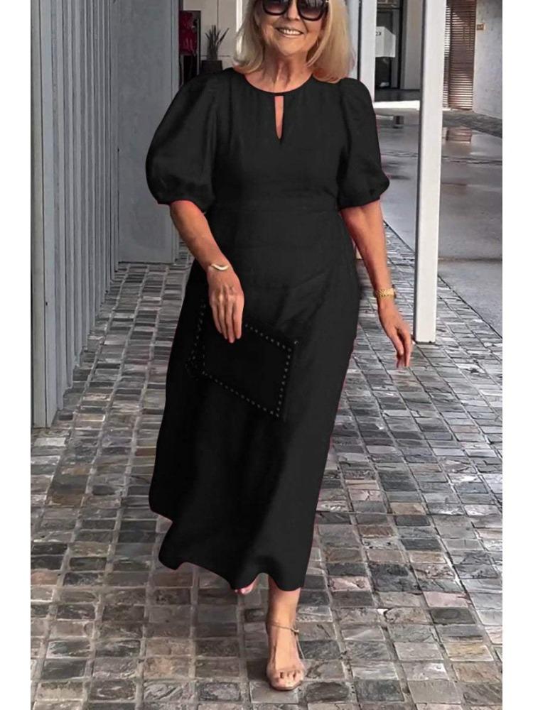 Damen Frühlings-Sommer Einfarbig Locker Sitzend Bequem Lässig Rundhals Pullover-Stil Kleid mit Puffärmeln