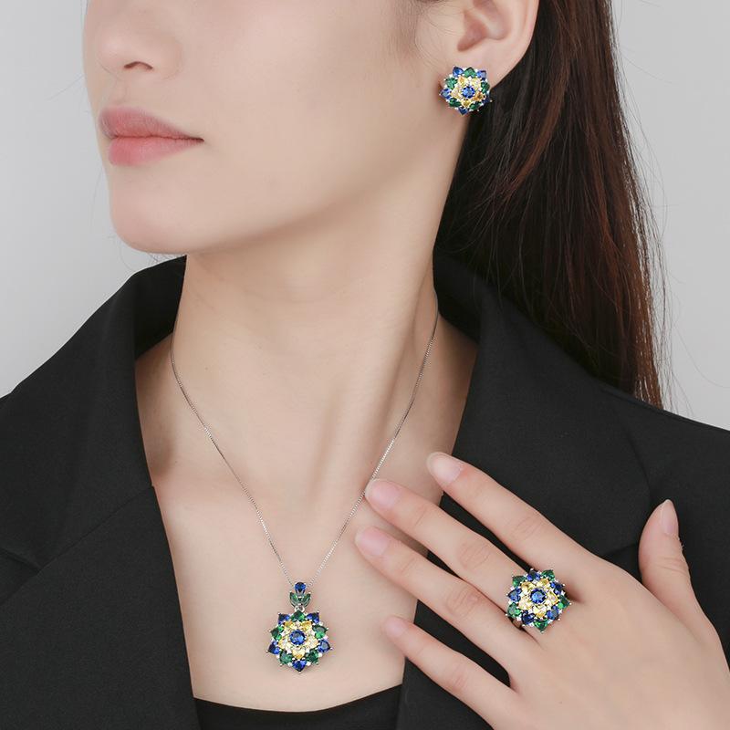 Jewelry Copper Bottom Gold-Plated Simulation Color Treasure Flower High-End Light Luxury Suit Women