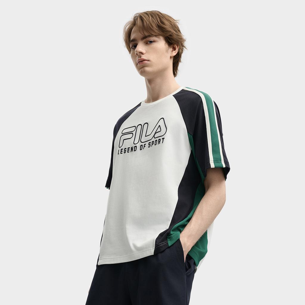 FILA Original Retro Fashion Casual Comfortable Versatile Knitted Short Sleeve T-Shirt Men Tops Cloud-Mushroom-White F11M539120FWT