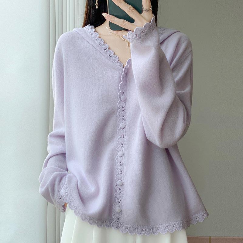 Women's 2025 Wool Knit Lace Button-Up Hooded Cardigan - Solid, Loose, Versatile Base Layer
