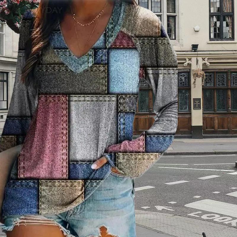 

Red Lipped Woman Print Женские футболки Женские топы Длинные рукава V-образный вырез Пуловер Femme Футболки Футболка для женщин 8XL разноцветный