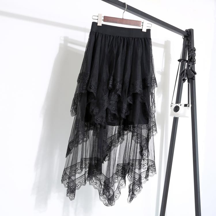 Sommer frauen Spitze Patchwork Rüschen Unregelmäßigen Mesh Rock Mode Schwarz Lange Mid-kalb Strand Urlaub Tüll Rock