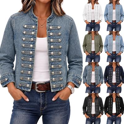 Giacca di jeans casual da donna con bottoni decorati e scollo rotondo per l'uso quotidiano