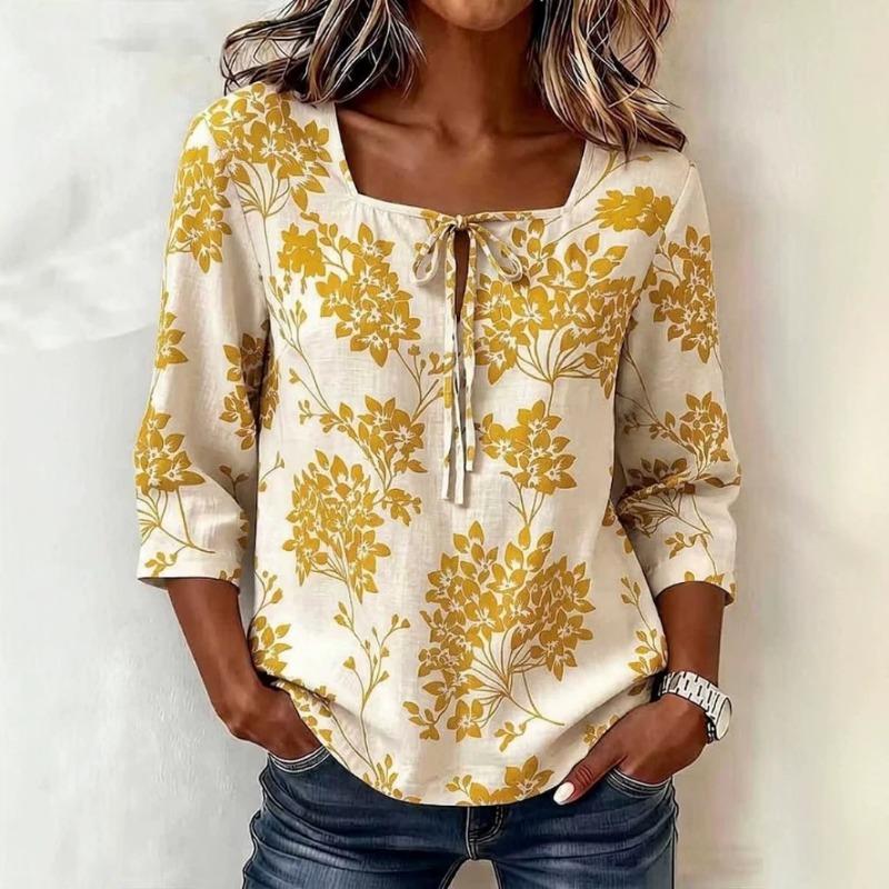 Womens Retro Floral Print Square Neck 3 Quarter Sleeve Casual Loose Top