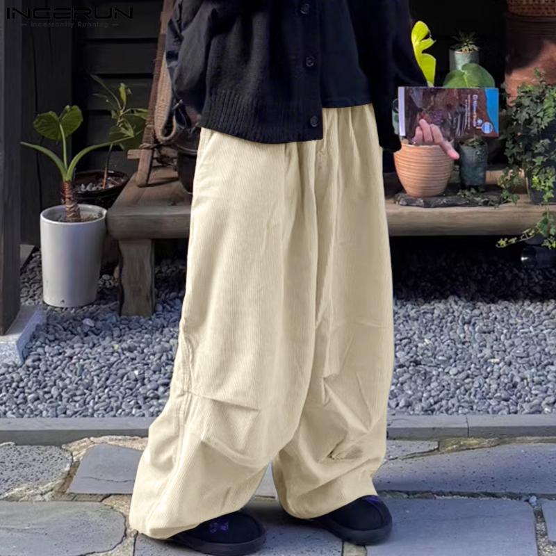 INCERUN Herren Elastischer Bund Solide Textur Lässige Weitbein Hosen