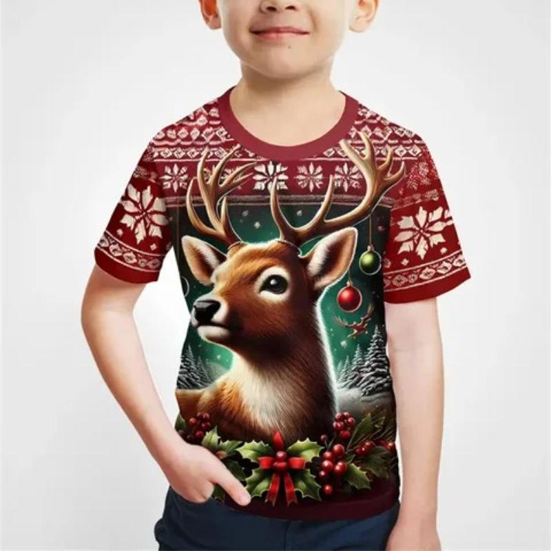 Children's Santa Claus Printed New Year T-Shirts Kids Unisex Comfortable Fashion Top Short Sleeve