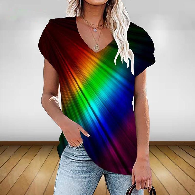 Fashion New Colorful Gradient 3D Print T-Shirts Women V Neck Short Sleeve T Shirt Y2k Top Tees Oversized Harajuku Woman Clothing