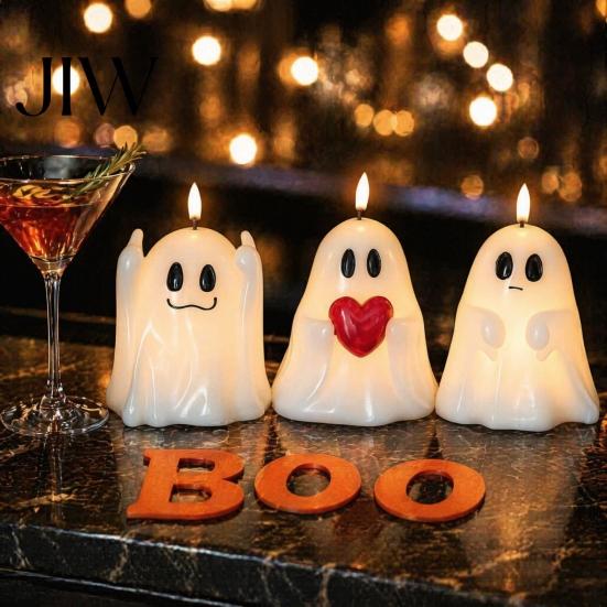 Halloween Tischdekoration Geister-Kerze ohne Flamme, Niedliche Teelicht-Halterung mit BOO-Buchstaben, Plastik-Boo-Schilder, Batteriebetriebenes LED-Flackerlicht