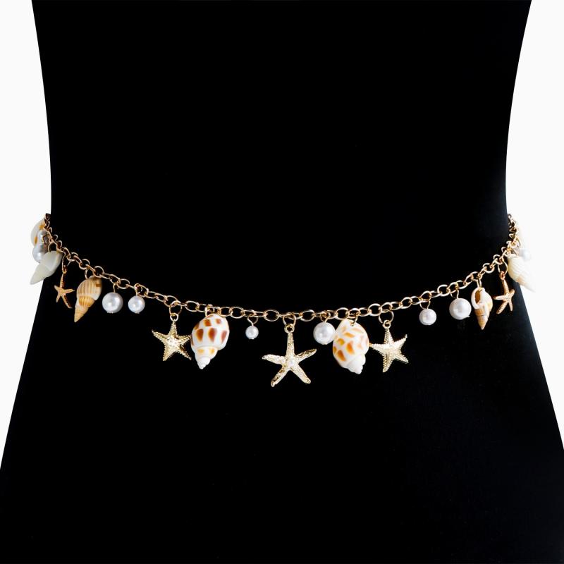 Bohemian Ethnic Style Starfish Conch Pearl Adjustable Chain Belt  Beach Holiday Gift Accessories