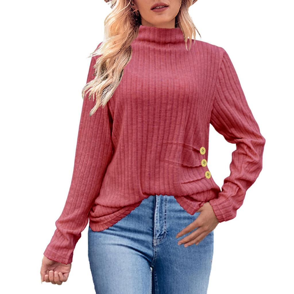 Women's Fashion Loose High Neck Side Pleated Button Long Sleeve T-Shirt Knit Top
